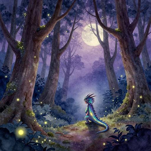 Digital fantasy artwork of a glowing, blue-scaled dragon with bioluminescent spikes, surrounded by ethereal fireflies in a mystical, moonlit
