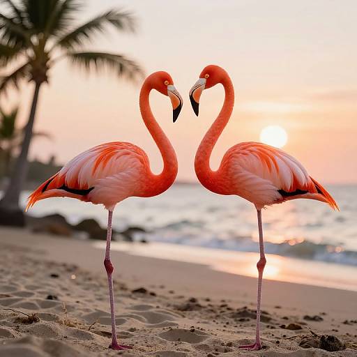 Vibrant Flamingos at Sunset Beach