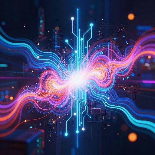 Digital art of a vibrant, neon-lit cybernetic explosion with glowing blue and pink wavy lines converging at a bright white center, set