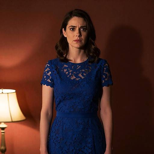 Concerned Woman in Blue Lace Dress