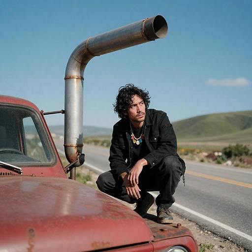 Crouching Man on Rusted Red Truck