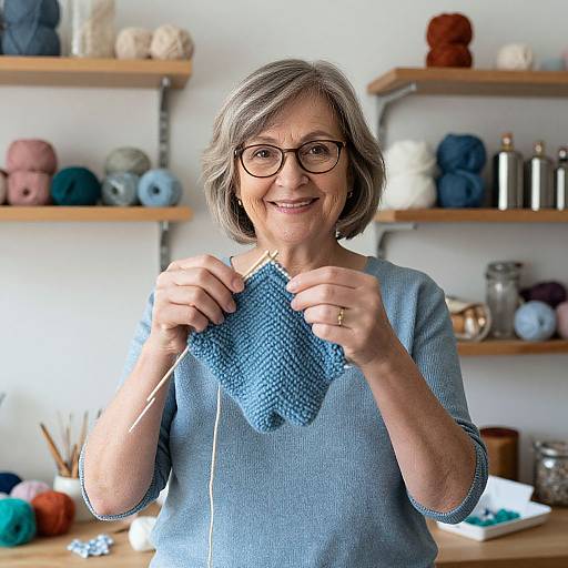 Smiling Older Woman with Knitting Project