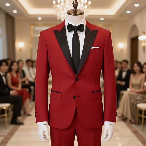 Photograph of a headless mannequin in a red satin tuxedo with black lapels, bow tie, and white shirt, displayed in