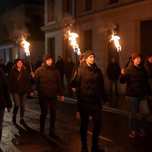 Nighttime Street Protest with Flaming Torches
