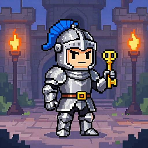 Pixel art of an armored knight with blue mohawk holding a golden key, standing between two torches in a stone castle courtyard at night.