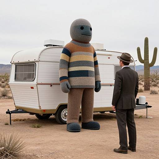 Photograph of a man in a black suit and hat facing a large, knitted, striped humanoid figure in a desert beside a white trailer with c