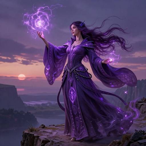 Magical woman in flowing purple dress conjures purple lightning on rocky cliff at sunset, surrounded by ethereal light and mist.