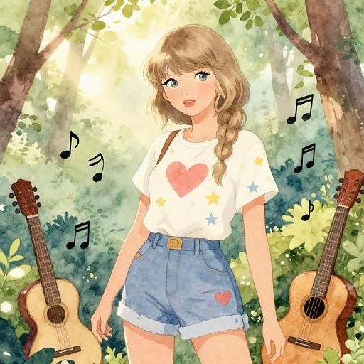 Digital anime-style drawing of a blonde girl with blue eyes, wearing a white heart shirt and denim shorts, standing between two guitars in a sunlit forest