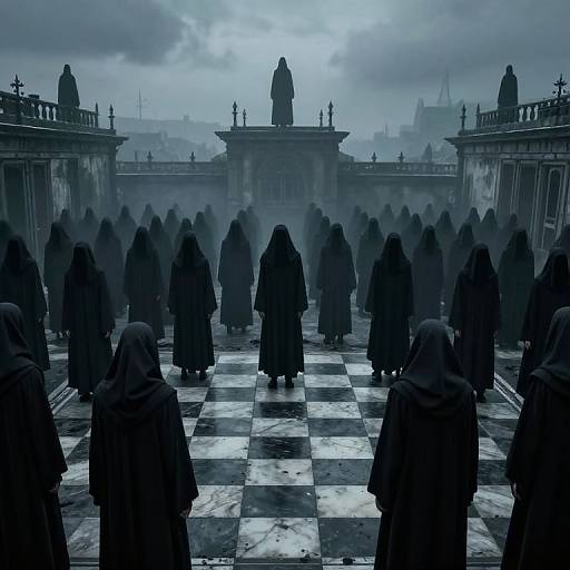 Photograph of a dark, misty courtyard with a checkered marble floor, surrounded by hooded figures facing a central statue under cloudy skies. Gothic