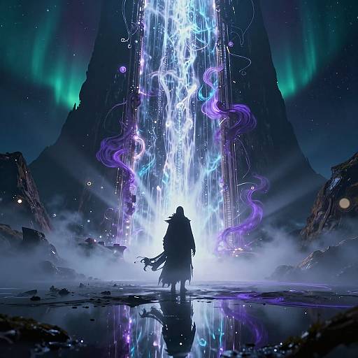 Digital artwork of a silhouetted figure standing before a glowing, ethereal waterfall with purple and blue lights, surrounded by mist and rocky terrain under