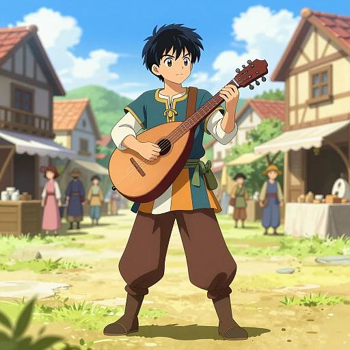 Anime-style drawing of a young boy with blue hair playing a lute in a sunny, medieval village market with colorful buildings.