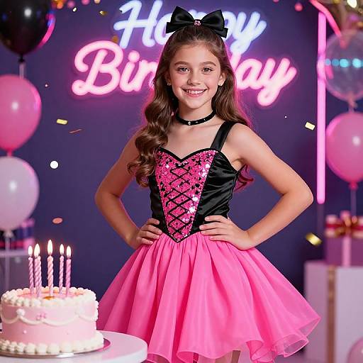 Photograph of a smiling young girl with long brown hair, wearing a pink and black sequin dress, black choker, and bow, standing in