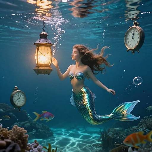 Photograph of a mermaid with shimmering blue-green scales, holding a glowing lantern underwater, surrounded by floating clocks and colorful fish.