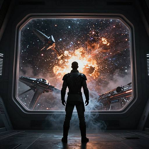 Silhouetted soldier stands in futuristic spaceship, gazing at explosive outer space battle scene through large window, surrounded by smoke. CGI artwork.