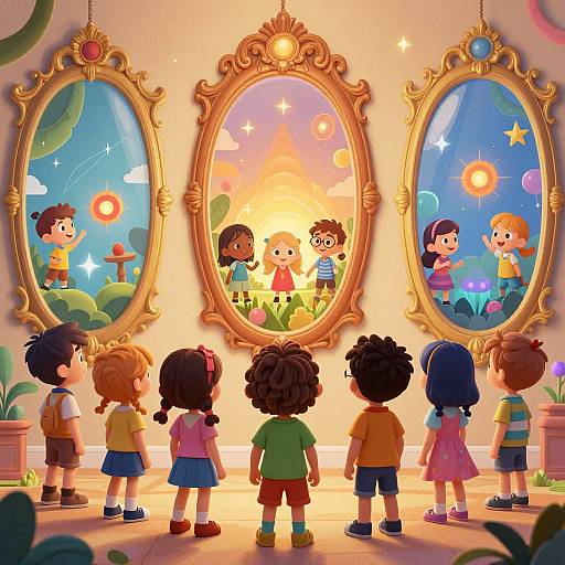 Colorful digital illustration of seven diverse children standing before three ornate, oval mirrors, each showing a whimsical, starry night scene with cartoon characters