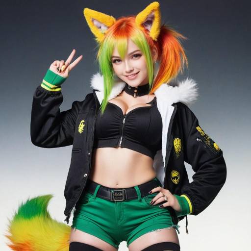 Furry Girl with Rainbow Hair and Smile