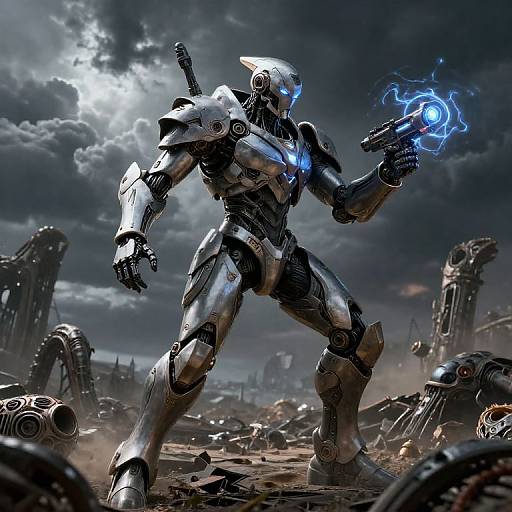 Cybernetic warrior in metallic armor, glowing blue energy gun, standing in post-apocalyptic wasteland with ruined machinery, dramatic cloudy sky background.