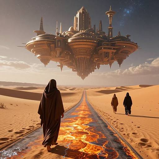 Photorealistic CGI: Three robed figures walk along a path of glowing orange liquid leading to a futuristic floating city over a desert at sunset.