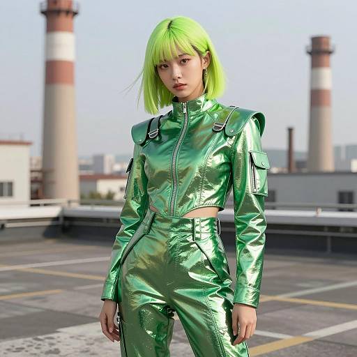 Futuristic Woman in Neon Green Metallic Suit