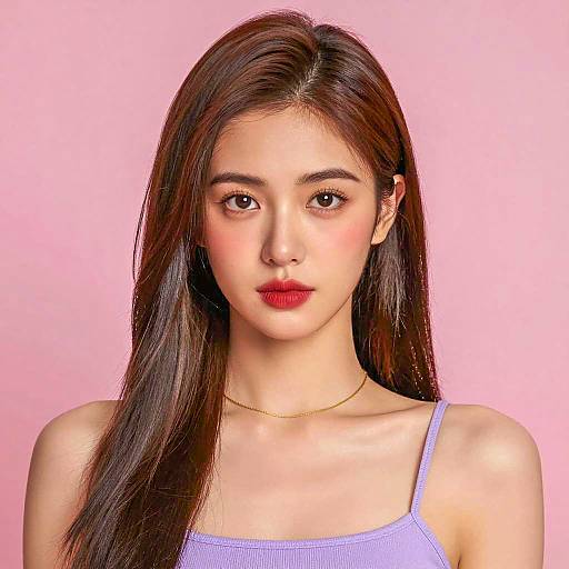 Photograph of an Asian woman with long, straight brown hair, light skin, wearing a light purple tank top and gold necklace, against a pink background