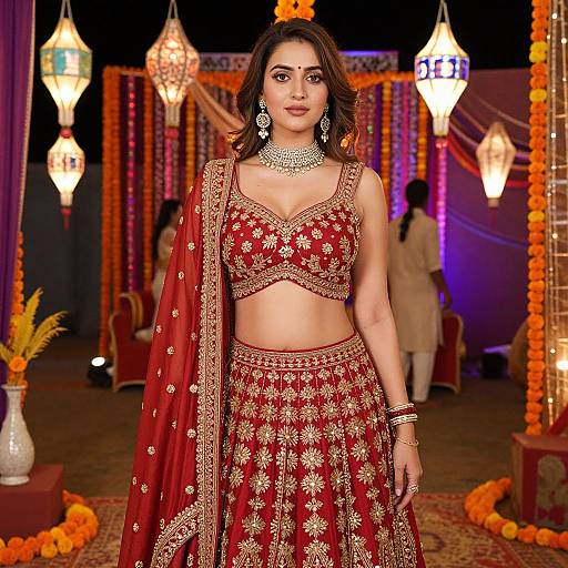 Photograph of a beautiful Indian woman in a red and gold traditional lehenga-choli set, adorned with jewelry, standing confidently in a vibrant, decorated