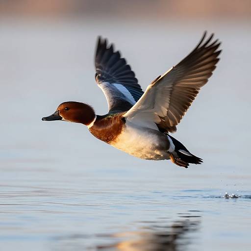 Photograph of a male Northern Pintail duck in mid-flight over calm water, wings fully extended, showcasing brown head, white belly, and ir