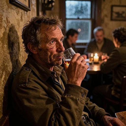 Photograph of an older man with gray hair, wearing a dark jacket, sipping amber liquid in a dimly lit, rustic bar with candlelight