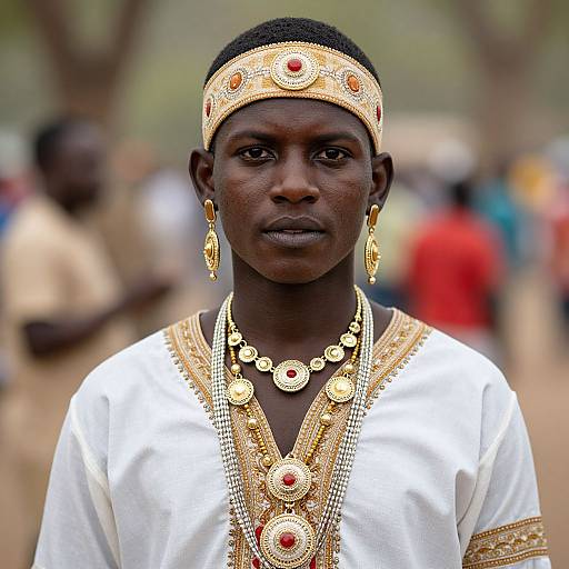 Photograph of an African man with dark skin, wearing a white traditional robe adorned with gold and red jewelry, including a headpiece, necklace, and