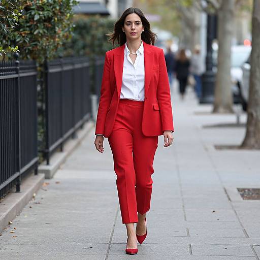 Photograph of a confident woman in a vibrant red suit, white shirt, and red heels walking down a city sidewalk.