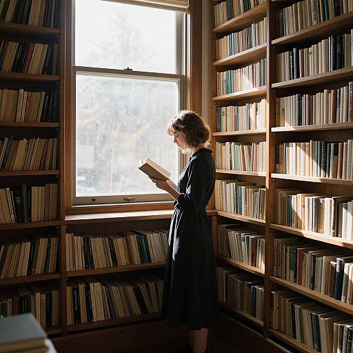 Photograph of a woman in a black dress, reading a book in a sunlit library with tall wooden bookshelves.