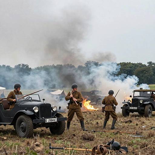 Photograph of WWII reenactment: Three soldiers in brown uniforms and helmets firing from black vintage jeeps, with smoke and fire in the background