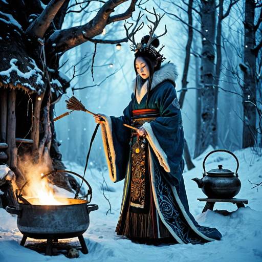 Biopunk Shaman Geisha in Snowy Forest