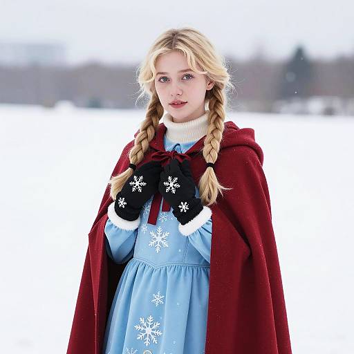 Young Woman in Winter Dress and Red Cloak