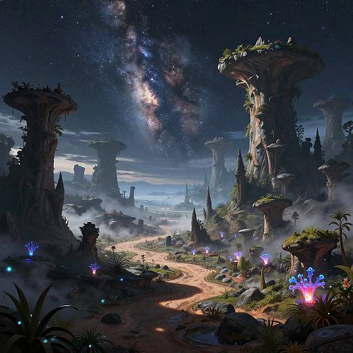 Vivid Alien Landscapes Under Starry Skies