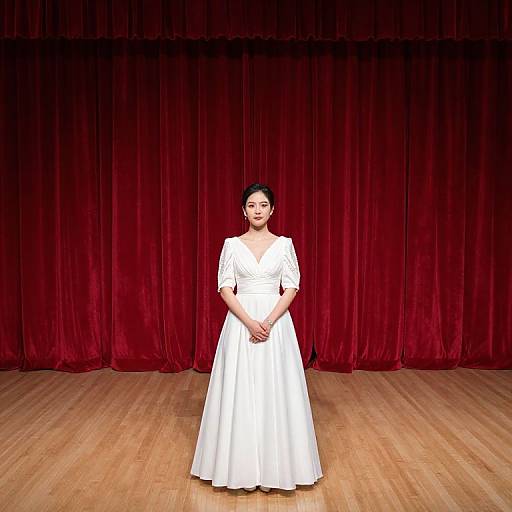 Photograph of an Asian woman with medium skin tone, black hair in a bun, wearing a white, V-neck, short-sleeve dress,