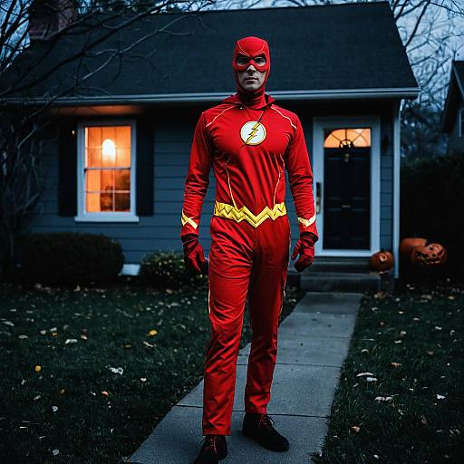 Photograph of a muscular man in a bright red Flash costume standing on a concrete path in front of a gray house at dusk, with a lit window