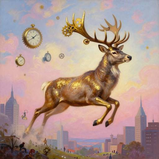 Digital painting of a golden, clockwork stag with antlers adorned with gears, leaping over a cityscape at sunset, surrounded by floating clocks and