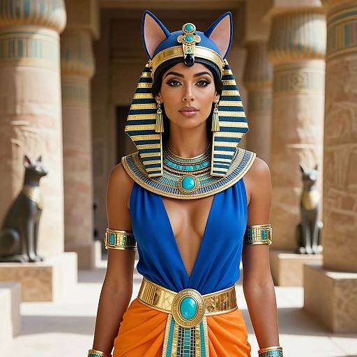 Digital artwork of a dark-skinned woman in ancient Egyptian attire, featuring a blue and gold headdress, deep blue top, orange skirt, and turquoise