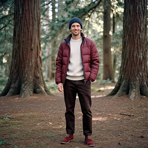 Man in Burgundy Jacket Among Ancient Trees