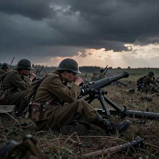 Tired Soldiers Operating Howitzer at Sunset