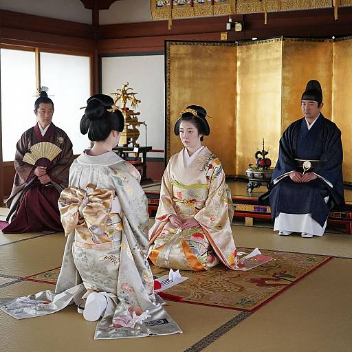 Photograph of traditional Japanese tea ceremony: two women in colorful kimonos, a seated man in black hakama, and another man with a fan