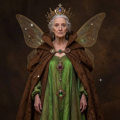 Photograph of an elderly woman with white hair, wearing a green dress, brown fur cloak, gold crown, and translucent fairy wings, adorned with jewels