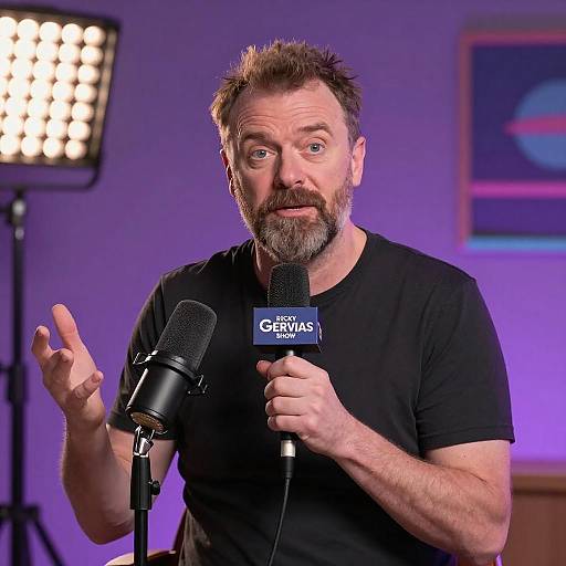 Photograph of a bearded, middle-aged white man with short brown hair, wearing a black t-shirt, speaking into a 