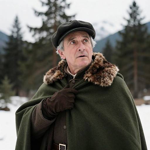 Surprised Old Man in Olive-Green Cloak