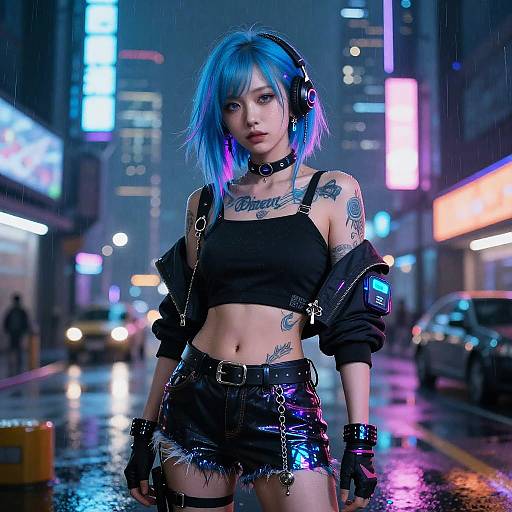 Cyberpunk street scene: Blue-haired woman with tattoos, black crop top, shorts, and jacket, wearing headphones, standing in rainy neon-lit