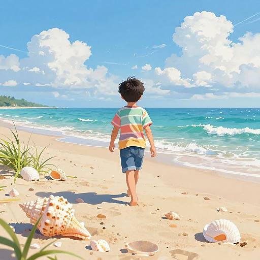 Boy Walking on Dreamy Beach Scene