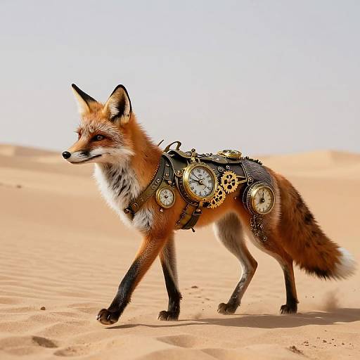 Digital artwork of a red fox with mechanical gear harness walking in a sandy desert under a bright blue sky.