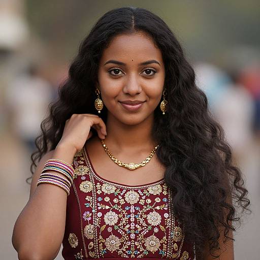 Photograph of a beautiful Indian woman with long, wavy black hair, wearing a maroon embroidered dress, gold jewelry, and a confident smile,
