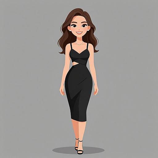 Digital illustration of a smiling woman with long brown hair, wearing a black, form-fitting, sleeveless dress and black heels, standing against a light