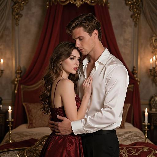 Photograph of a romantic couple in an opulent bedroom; man in white shirt, woman in maroon dress, candlelight, rich red curtains,